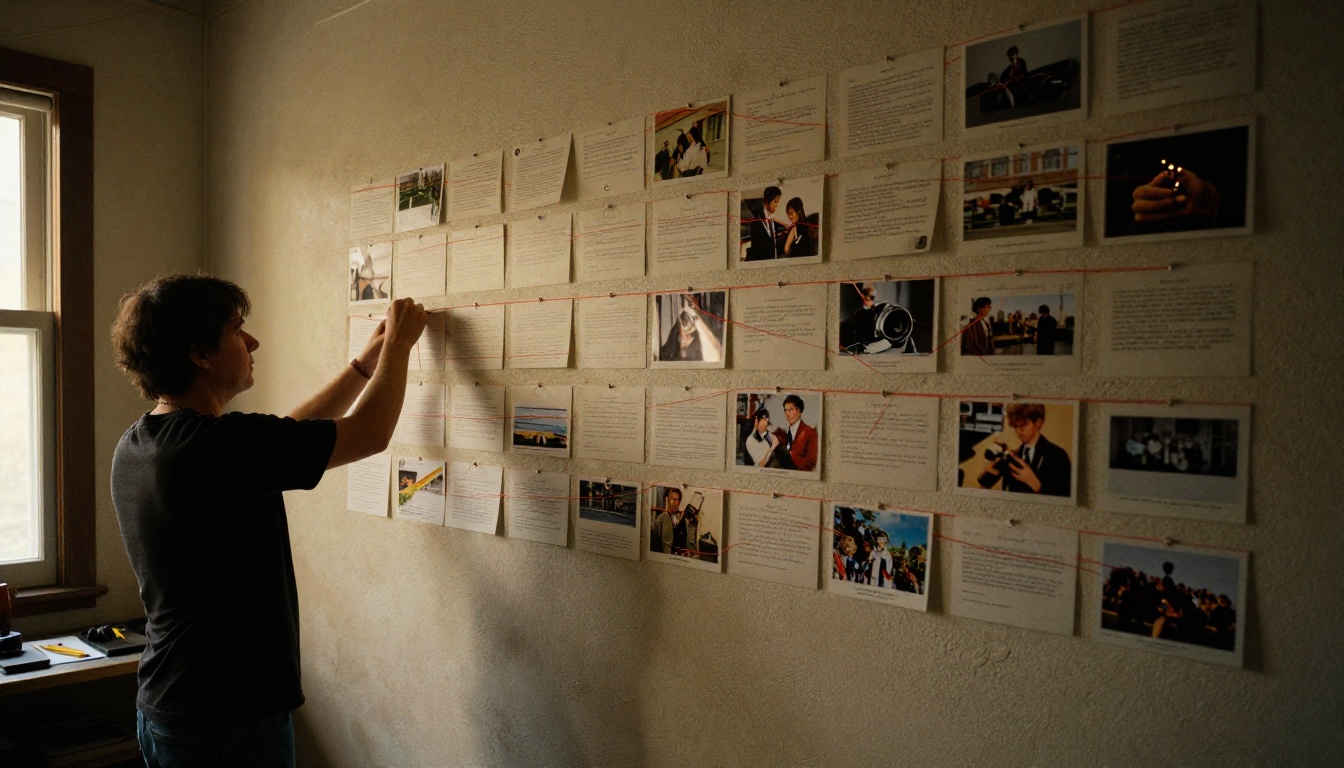 Person adjusting pins on a wall of index cards connected by red string