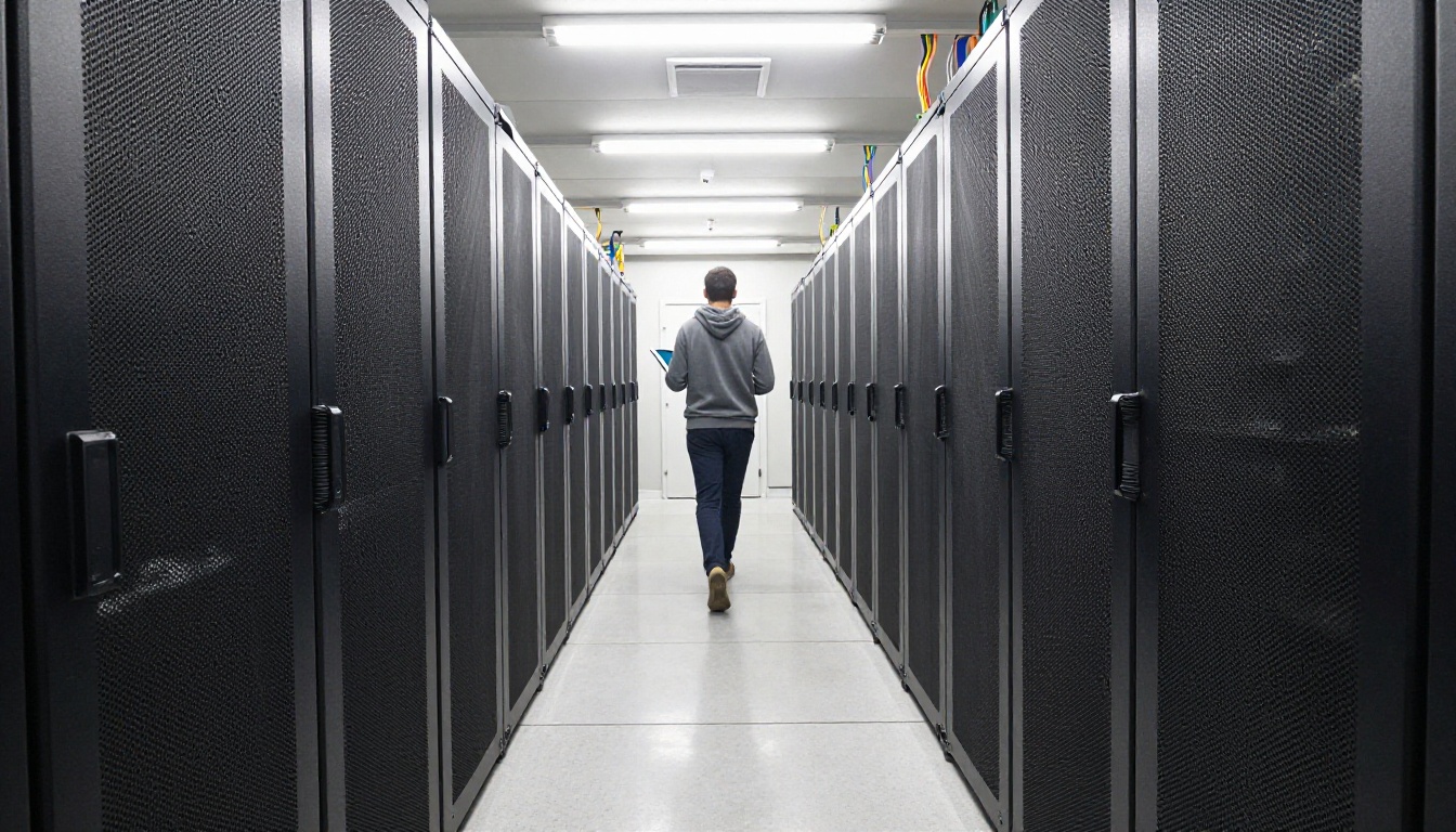 Bright data hall aisle between rows of black server racks