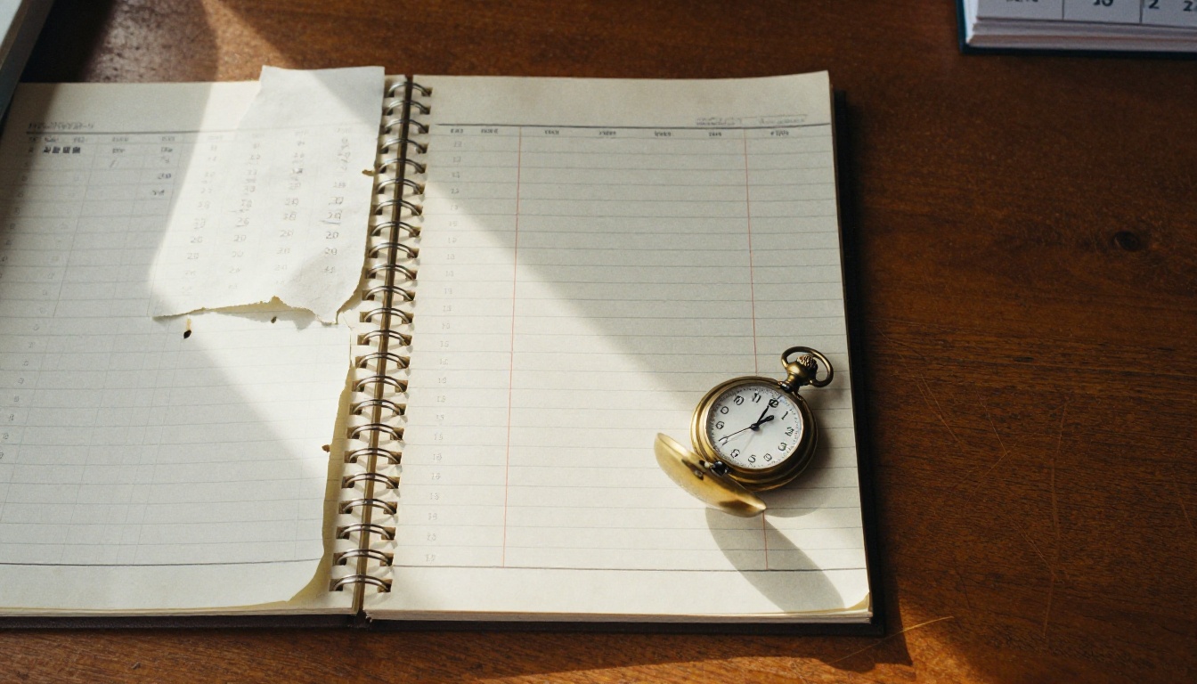 Wooden table with dated paper ledgers, a desk calendar and a pocket watch