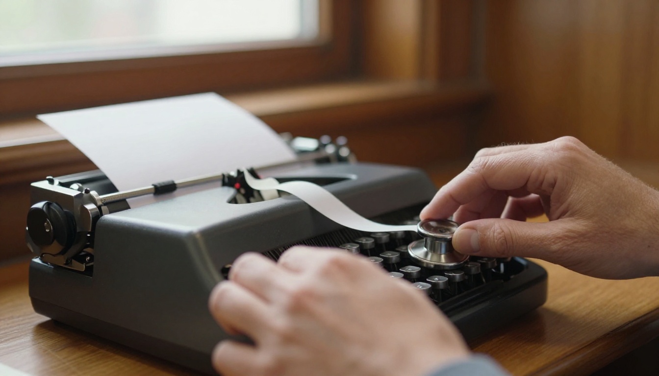 Stenographer hands resting on a stenotype machine with paper tape