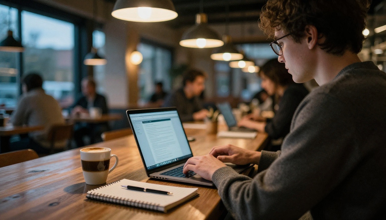Developer typing on a laptop at a cafe table in the evening