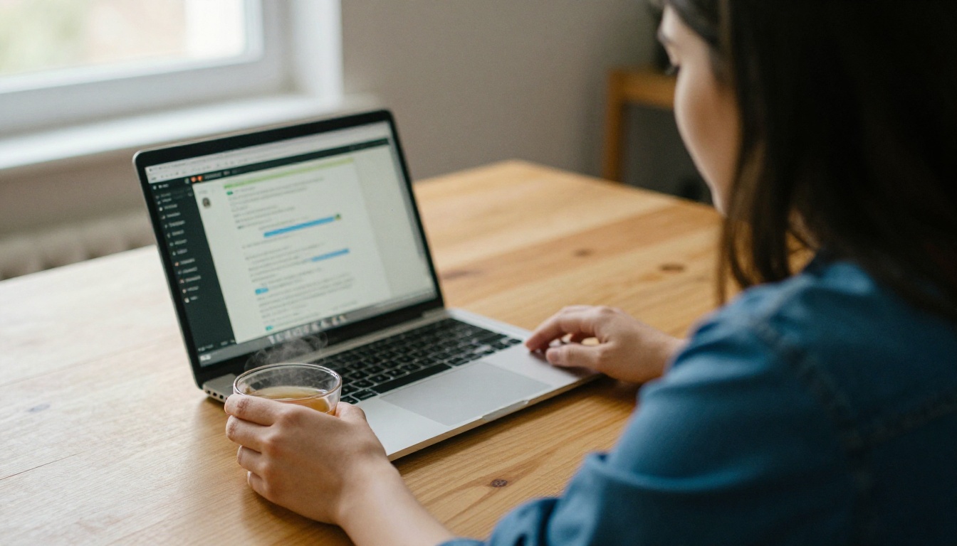 A woman in a denim shirt looks at a chat window on her laptop while drinking tea at a kitchen table