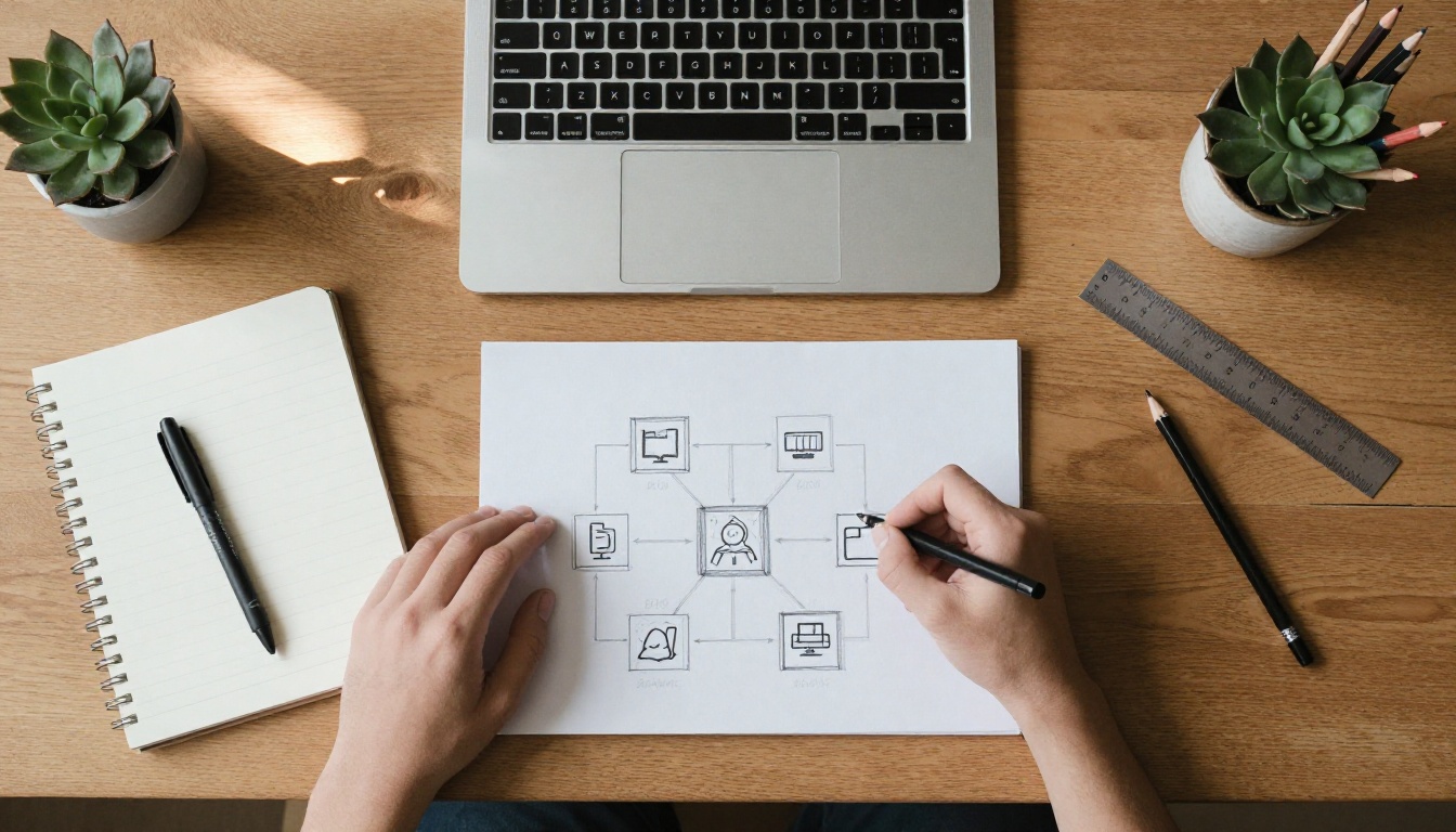 An overhead view of a designer's desk with a laptop, a hand-drawn flowchart and colored pencils