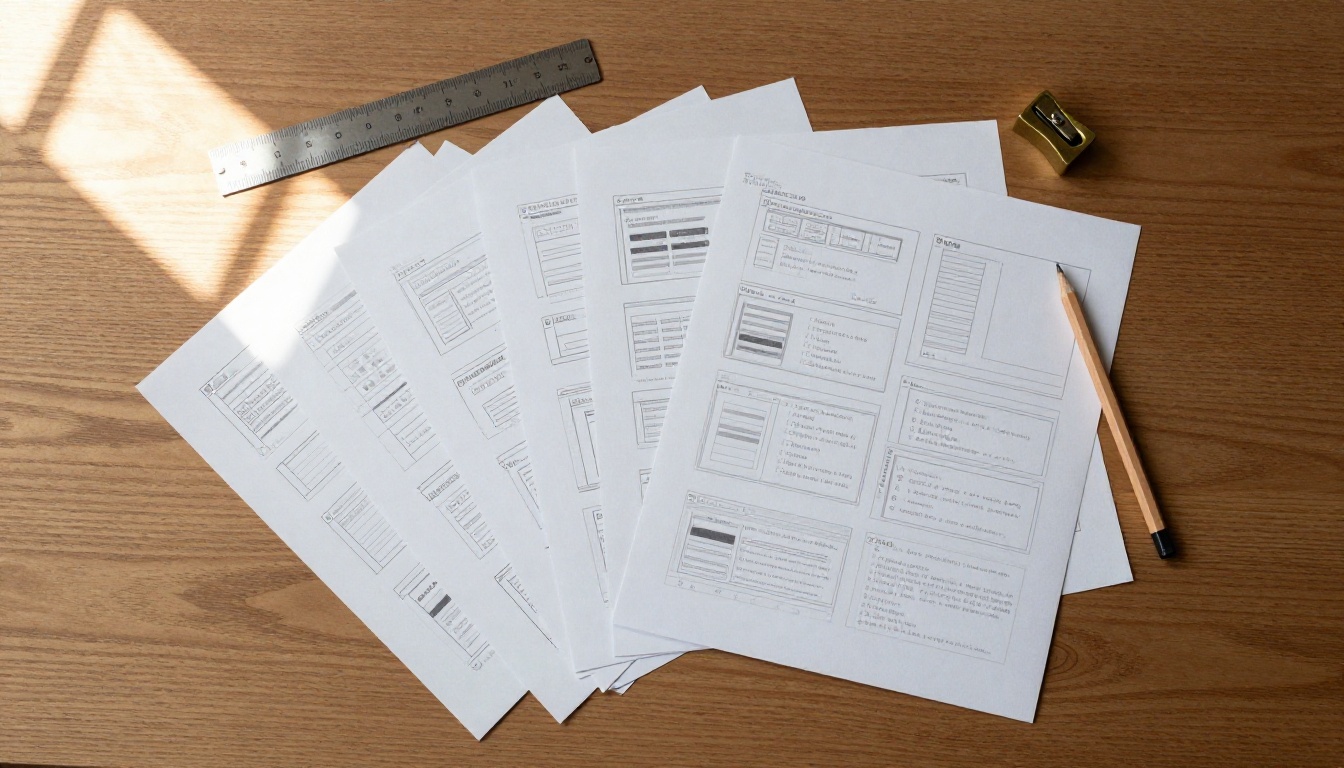 Overhead view of printed interface wireframes stacked in layers on an oak desk beside a pencil and steel ruler