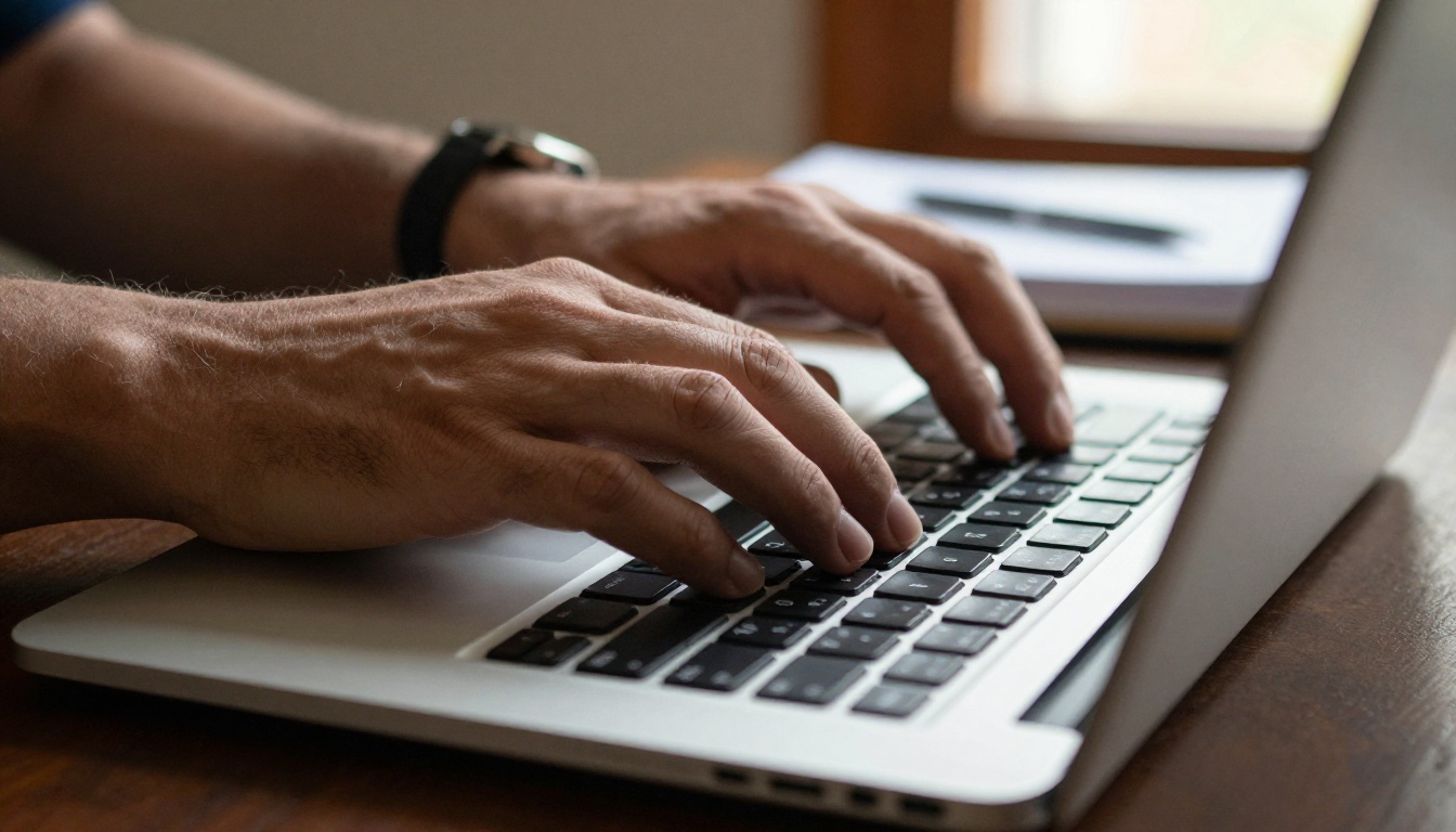 A close-up of a man's hands typing on a slim laptop with a blurred document behind