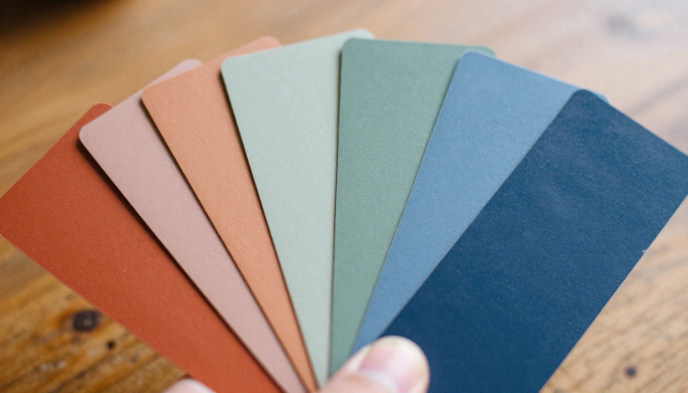 Macro shot of a fan of terracotta, sage green and slate blue paint swatch chips held by a thumb