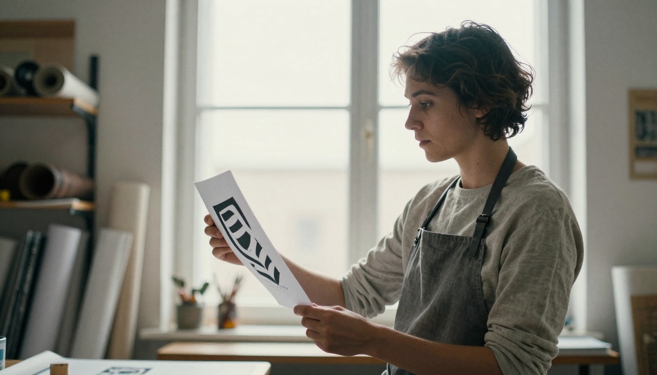 A graphic designer holds a printed black and white logo sketch up against a bright studio window