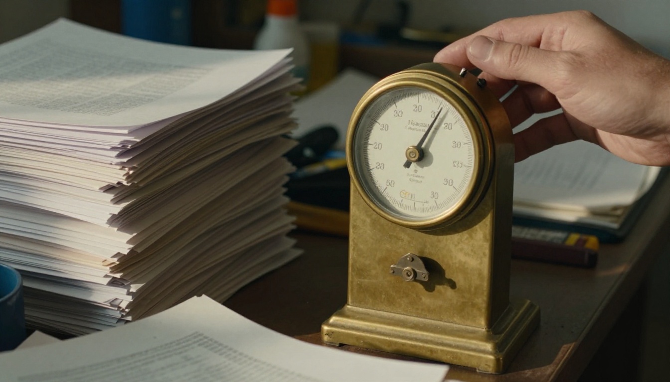 Side view of a brass postal scale weighing a thick stack of printed pages with the needle past the midpoint