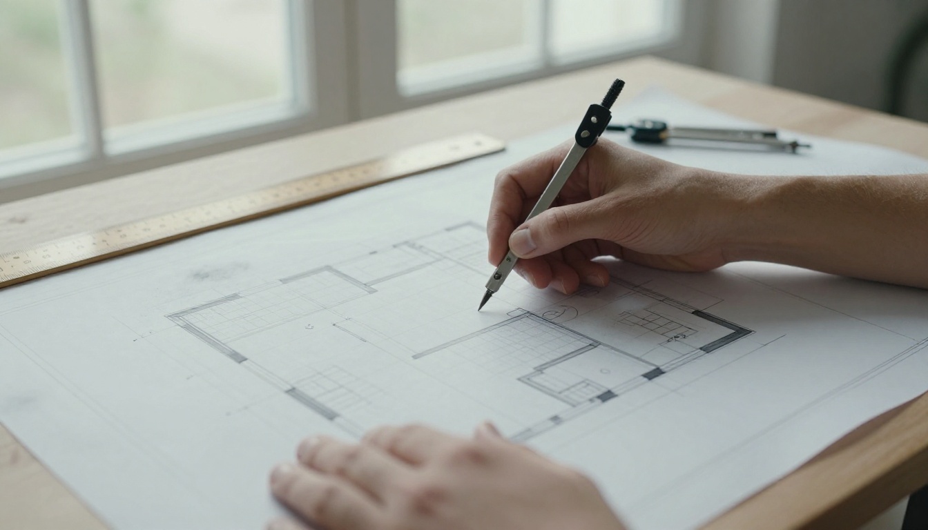 Architect's hands tracing a floor plan outline on translucent paper over a larger blueprint
