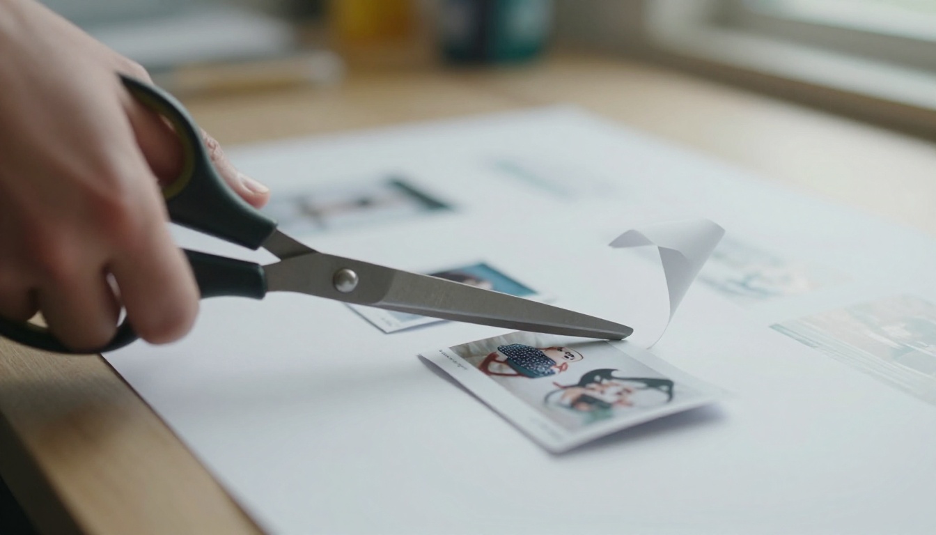Steel scissors cutting a single small card-sized rectangle out of a huge printed poster