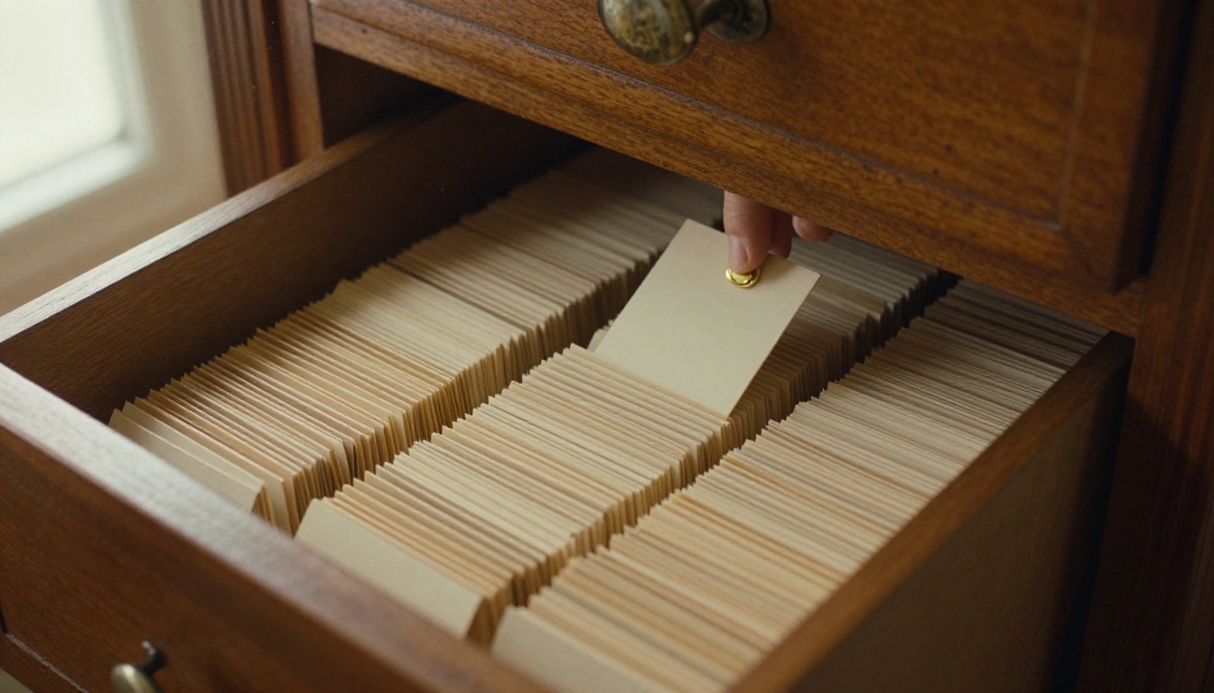 Low-angle view of an open oak card catalog drawer with a finger lifting one index card