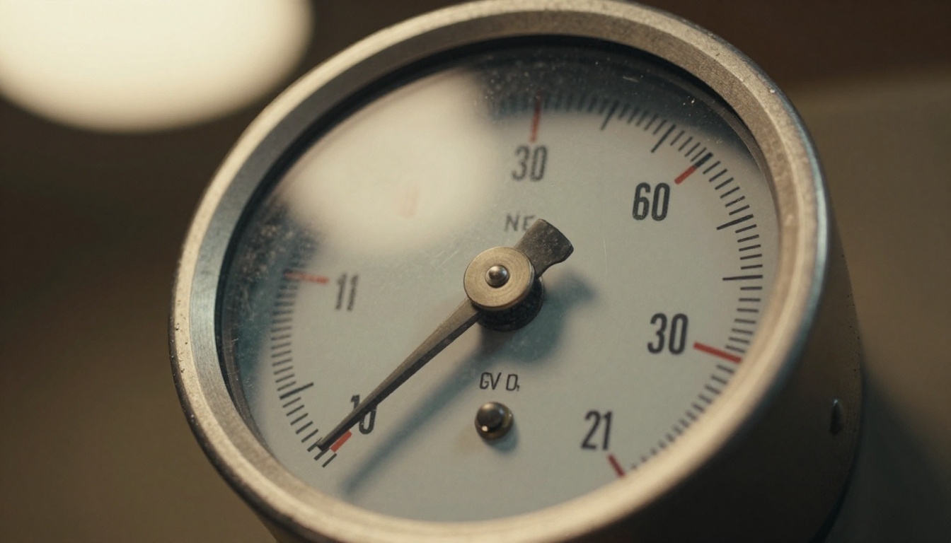 Macro close-up of an analog pressure gauge with the needle resting just short of the red zone