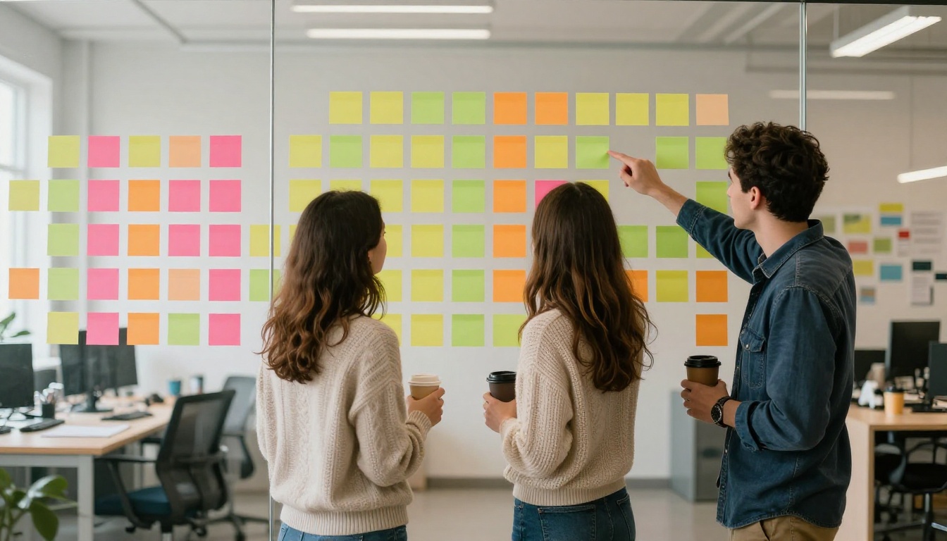 Three colleagues at a glass wall filled with a grid of blank sticky notes, one pointing at a single note