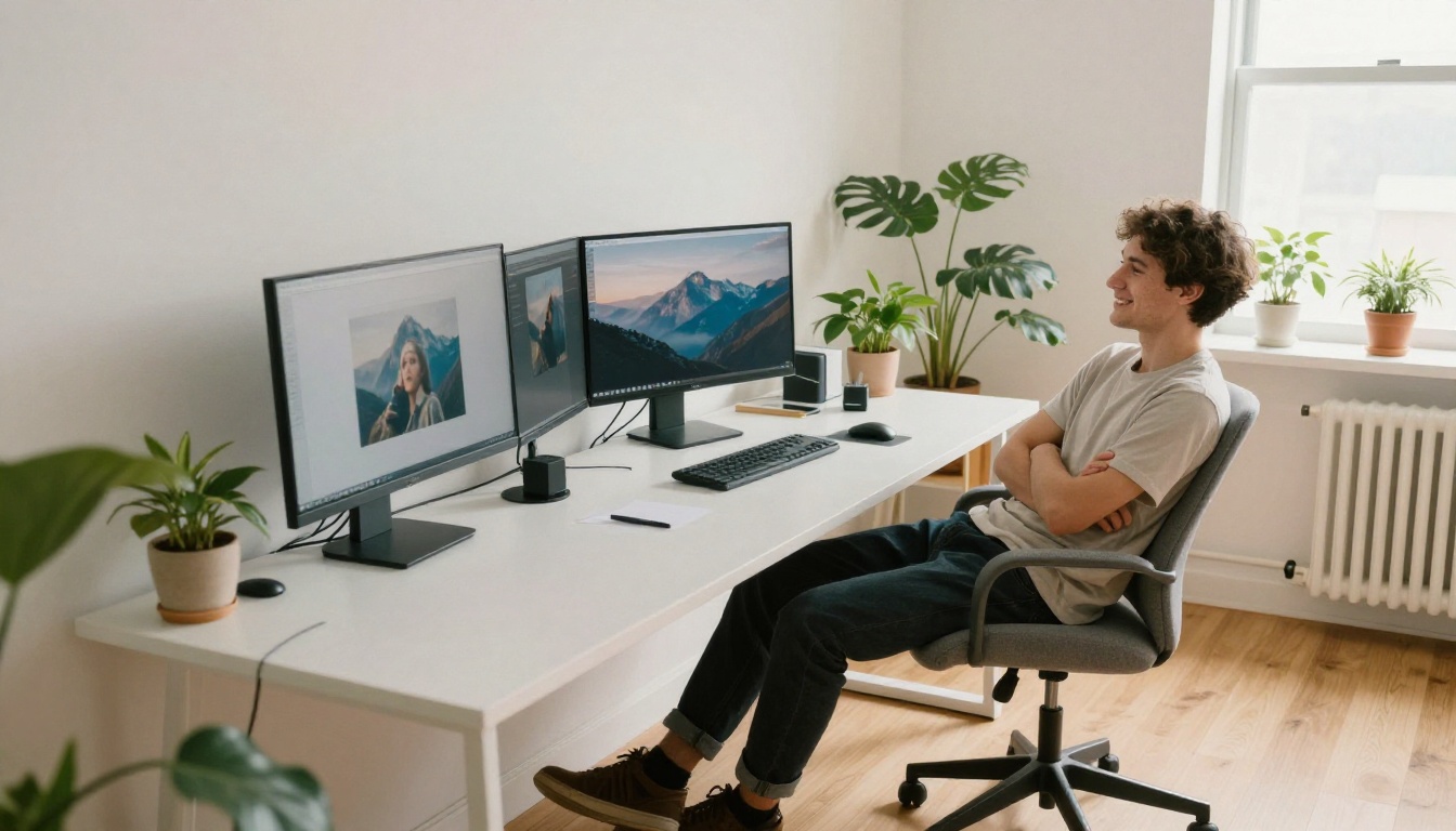 A young man leans back in a gray chair in a bright studio with two monitors showing soft landscape photographs