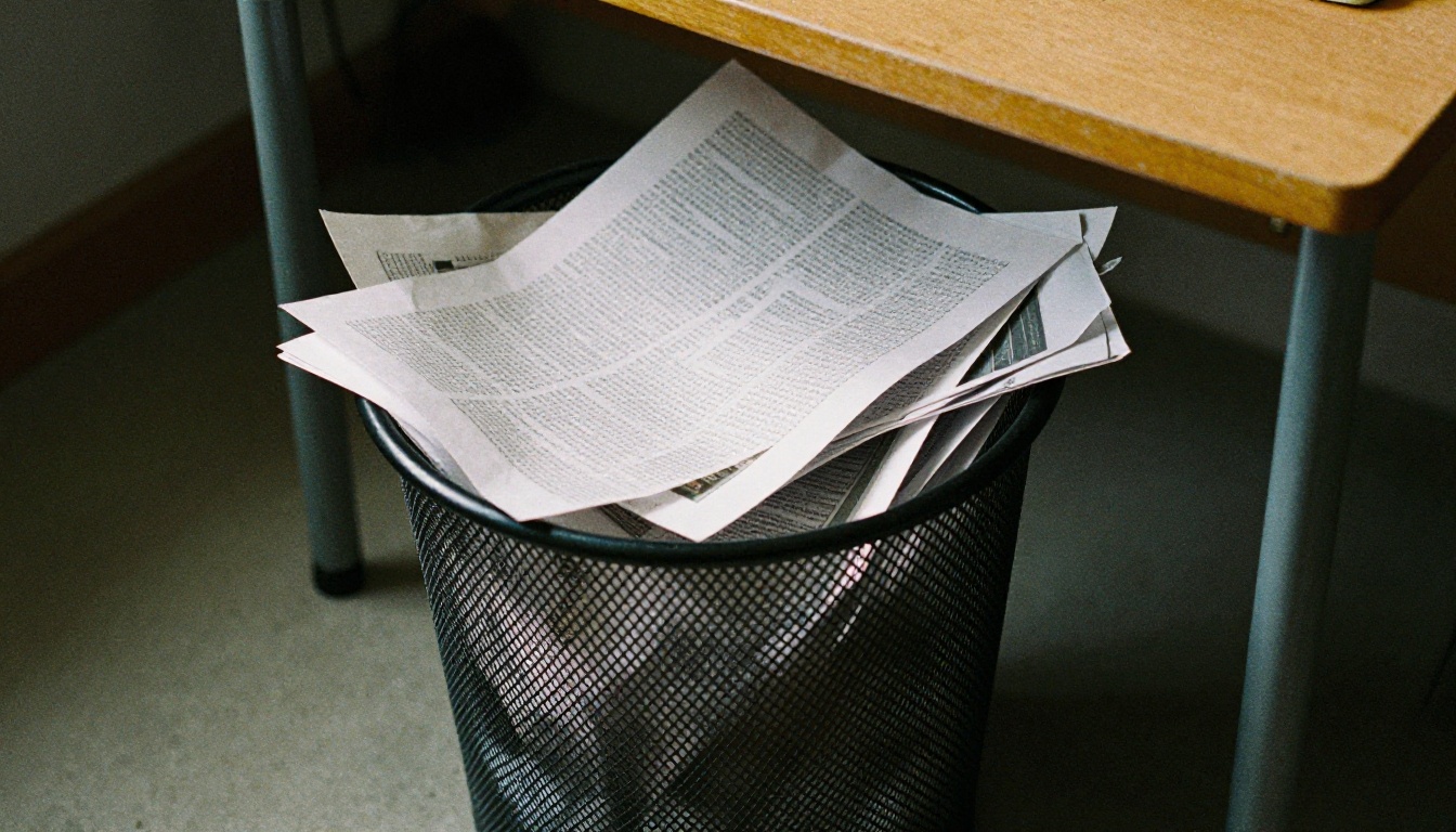 Low-angle view of a wire basket overflowing with crumpled printed pages beside a desk leg