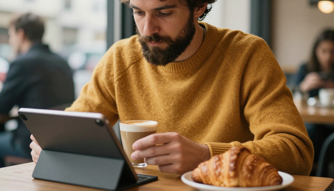 A bearded man in a mustard sweater reviews photographs on a tablet at a cafe window table