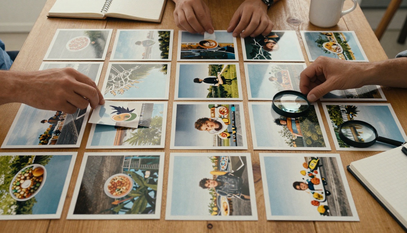 A top-down view of printed photographs arranged in rows on a wooden table while two hands sort the best prints