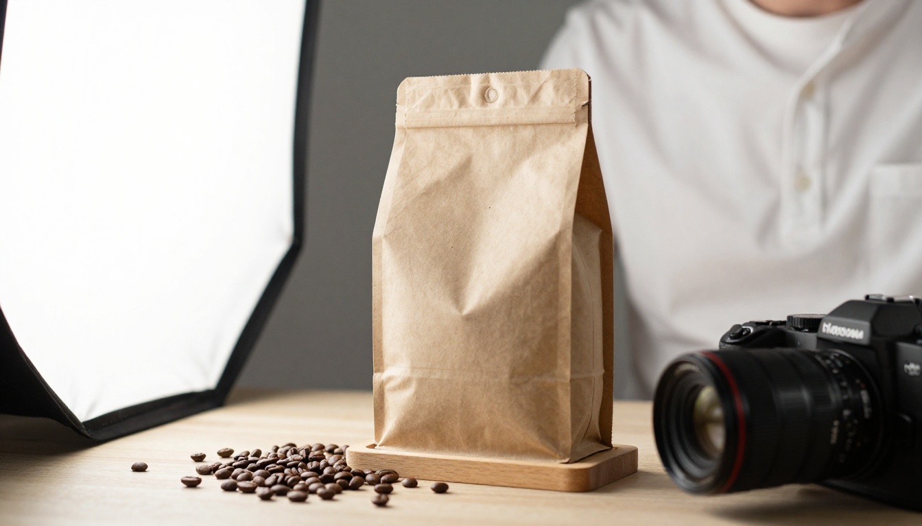 A young entrepreneur in a white shirt photographs a kraft paper coffee bag on a wooden stand with a camera on a tripod