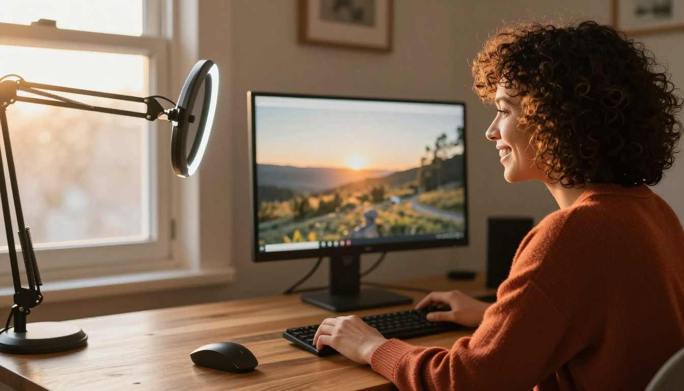 A content creator with curly hair smiles at a monitor showing a landscape photograph at golden hour