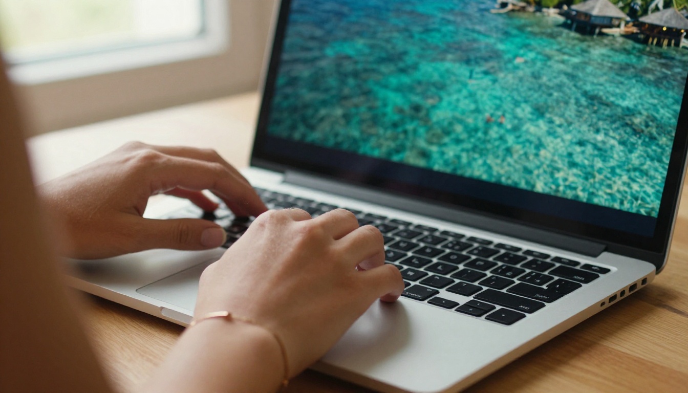 Woman's hands resting on a laptop beside a vacation photo of a turquoise lagoon