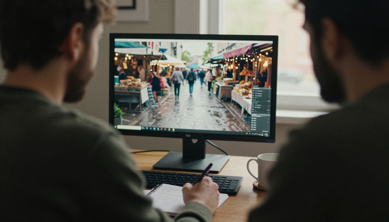 Man studying a rainy street photograph on a large monitor with a notebook beside him