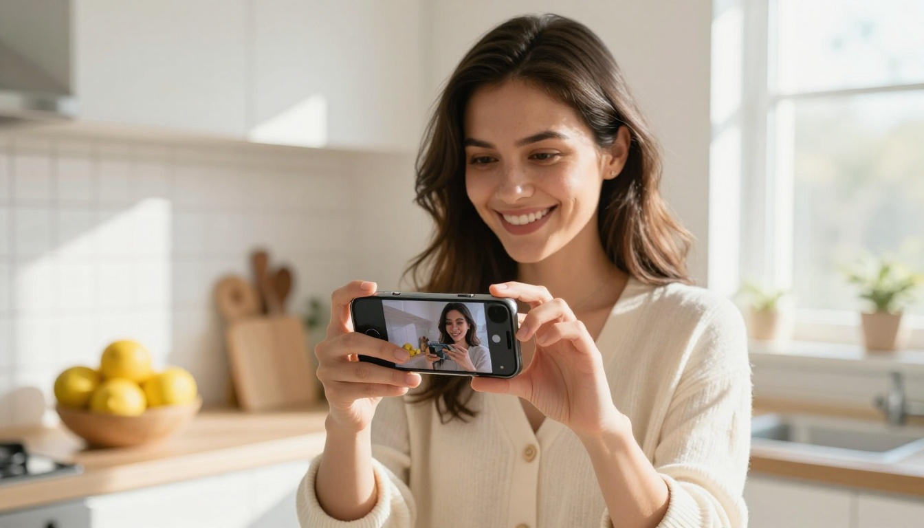 Smiling woman holding a smartphone in a bright kitchen while a portrait photo is touched up
