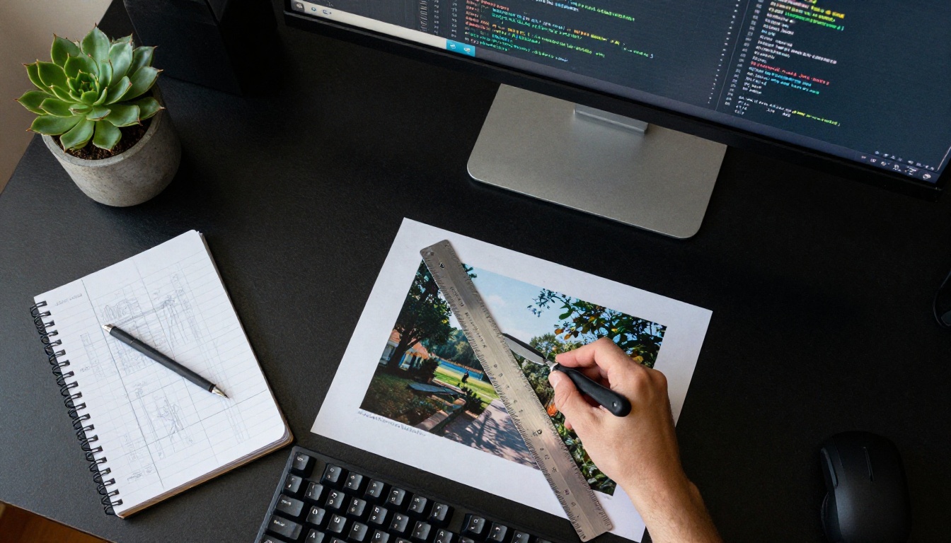 Top-down view of a desk with a monitor of code beside a printed landscape photo being cropped with a ruler
