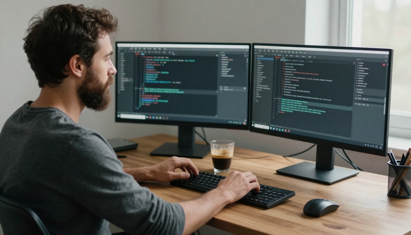 Over the shoulder view of a developer typing at a standing desk with two monitors showing code