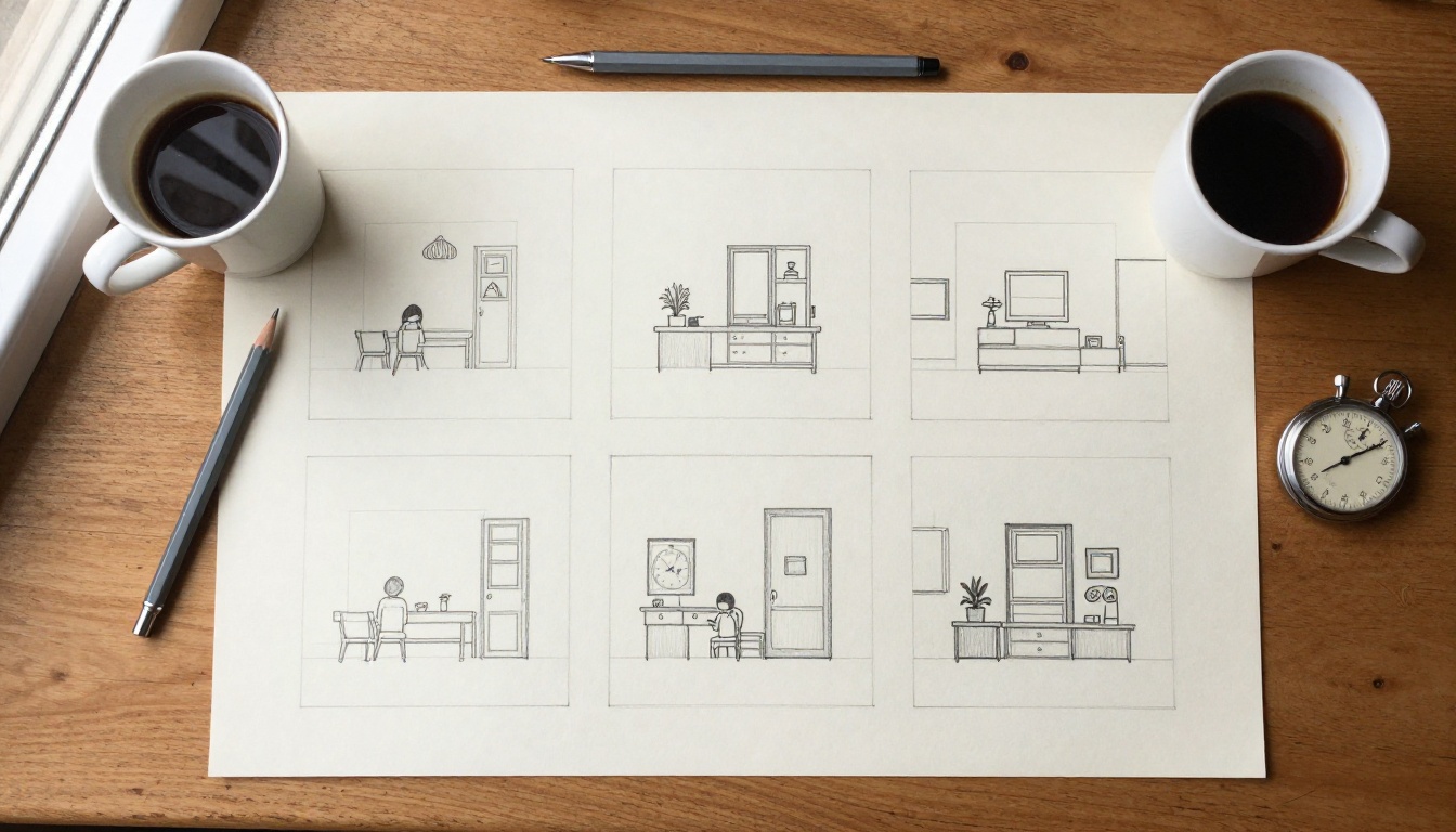 Top down view of a hand drawn six frame storyboard with printed photographs and a stopwatch on an oak desk