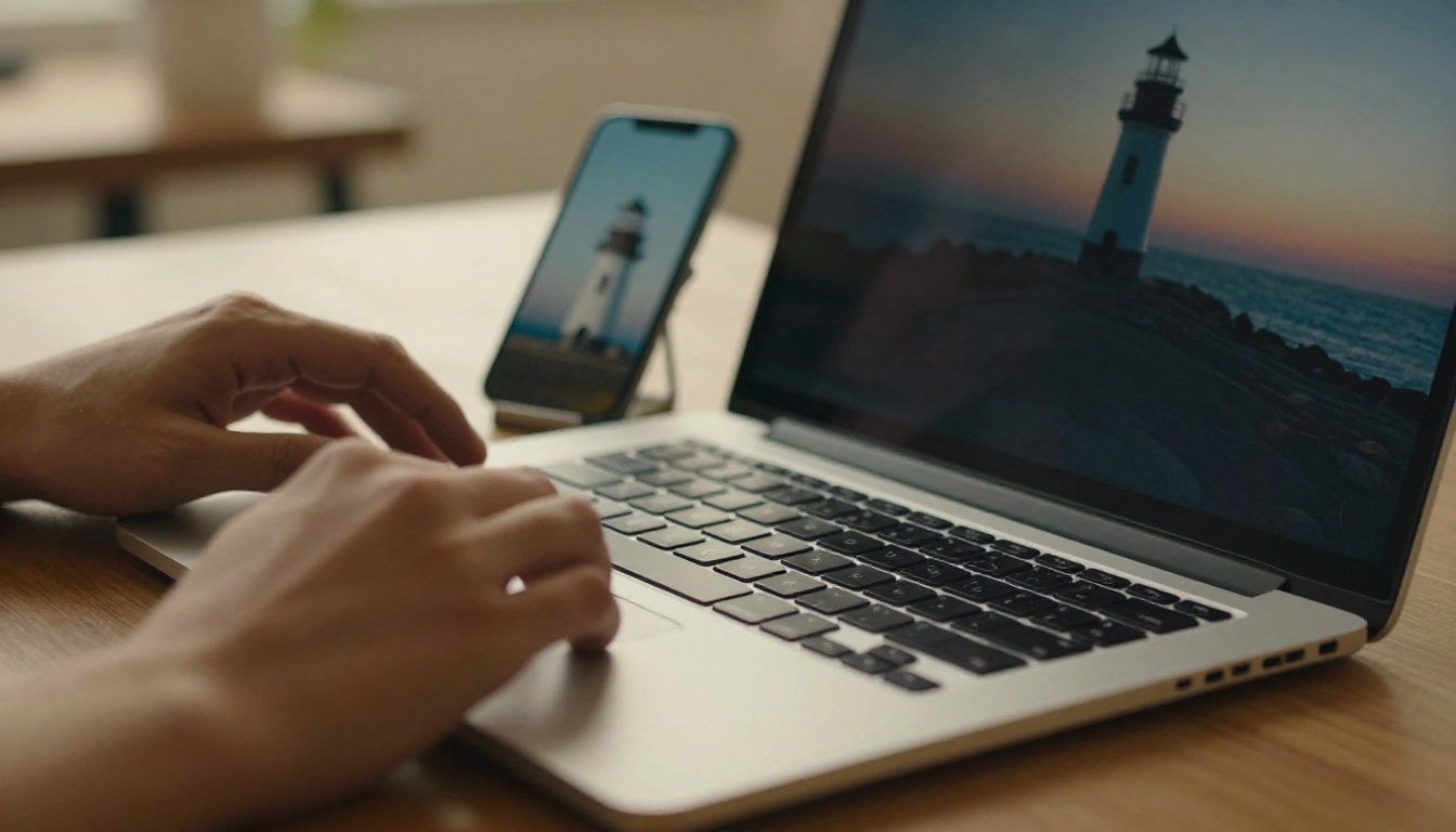 Hands resting on a laptop beside a phone showing a paused lighthouse video at dusk