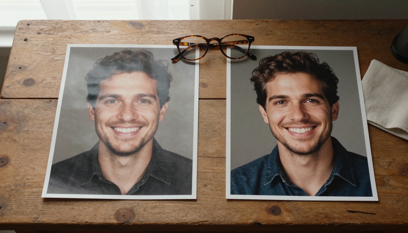 Two printed portraits of the same man side by side, the left dull and the right bright and balanced