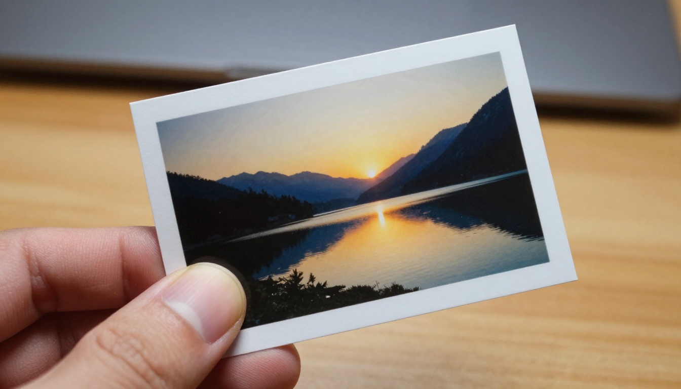 Thumb and forefinger holding a printed photograph of a mountain lake at sunrise