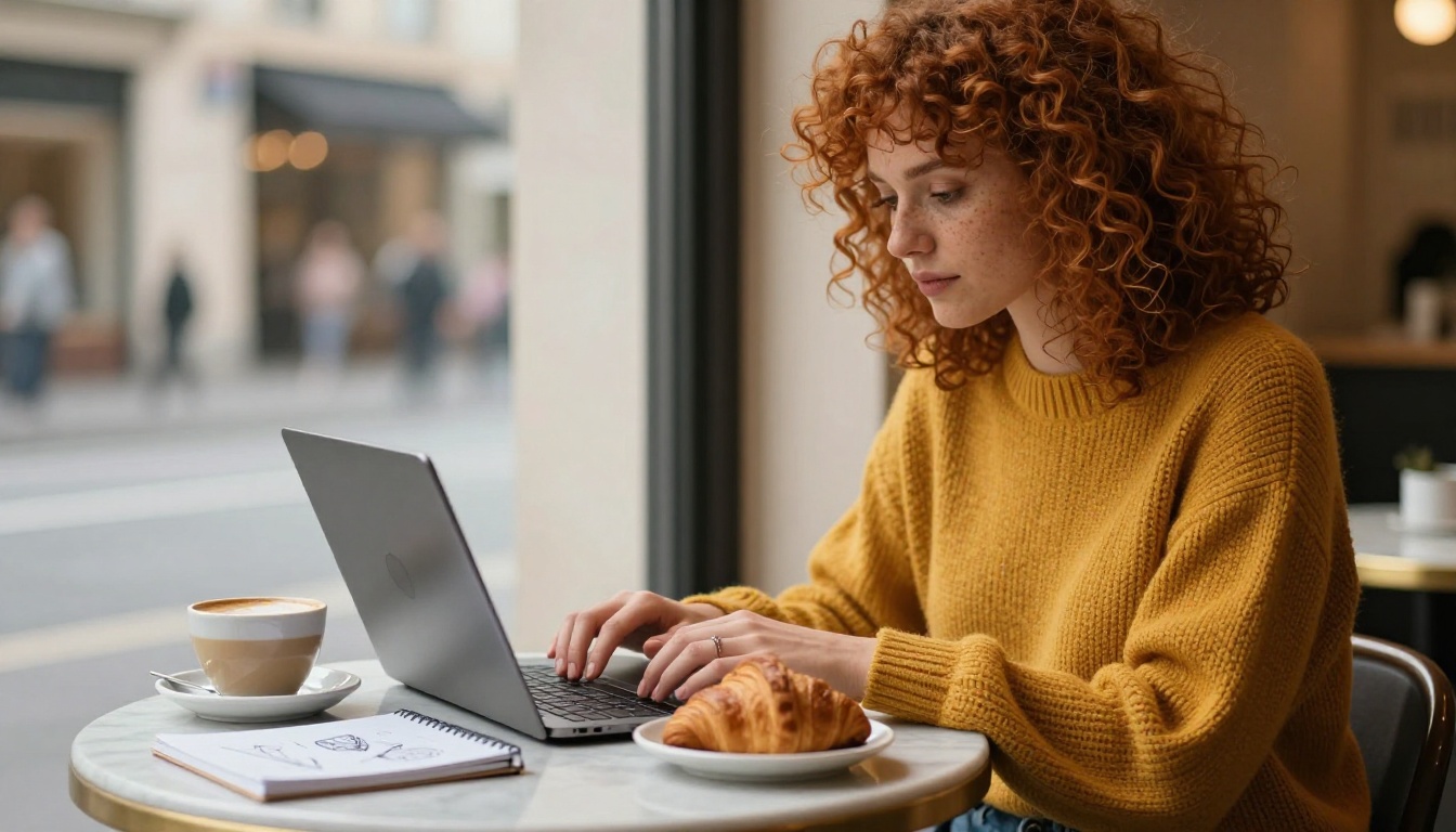 Woman with curly auburn hair typing on a laptop at a café table with a flat white beside her
