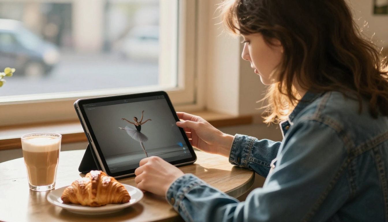 Woman in a denim jacket at a bakery window table studying a tablet that shows a ballet dancer