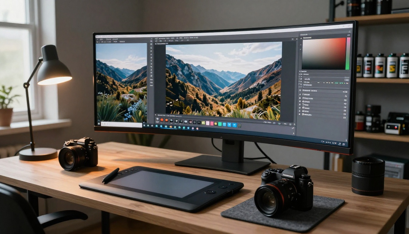 Photographer's studio workstation with a curved monitor showing a mountain landscape photo and a graphics tablet