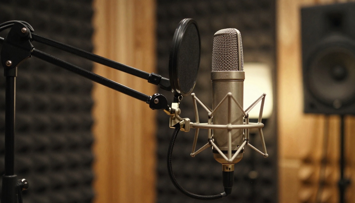 Low angle view of a condenser microphone with a pop filter in a walnut paneled recording room
