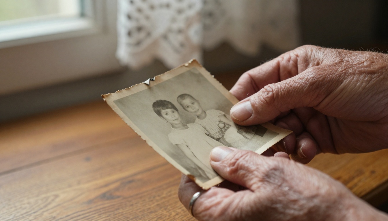 Older woman's hands holding a faded vintage family photograph with a creased corner