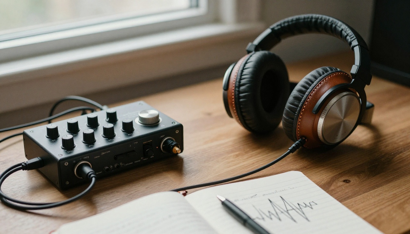 Leather studio headphones beside an audio interface and a notebook on a wooden desk