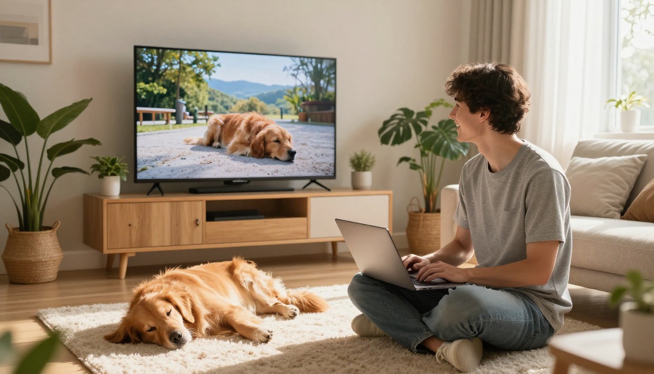 Young man grinning at a laptop with an edited landscape photo while a golden retriever sleeps on the rug