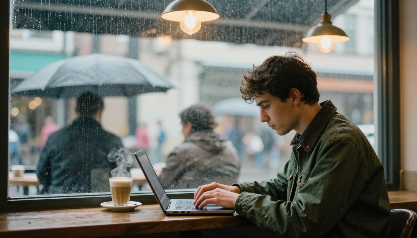 Young man in a green jacket working on a laptop at a rainy cafe window seat