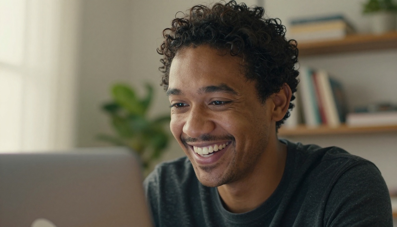 Smiling man in a bright home studio watching a finished video on his laptop
