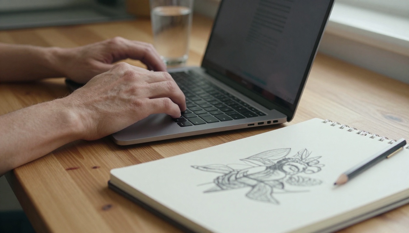 Hands resting over a laptop with an unfinished charcoal sketch pad beside it on a sunlit table