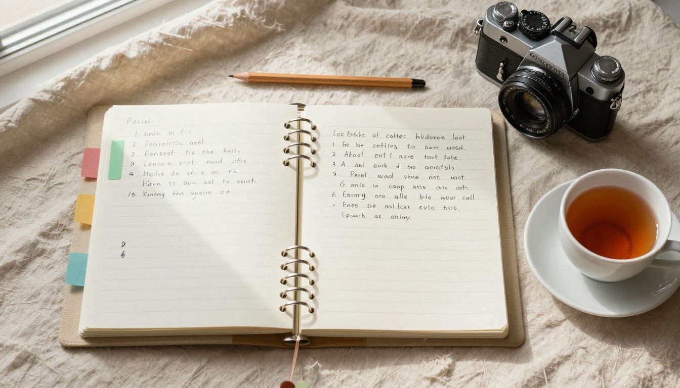 Overhead view of a ring binder with handwritten instruction cards beside a vintage film camera