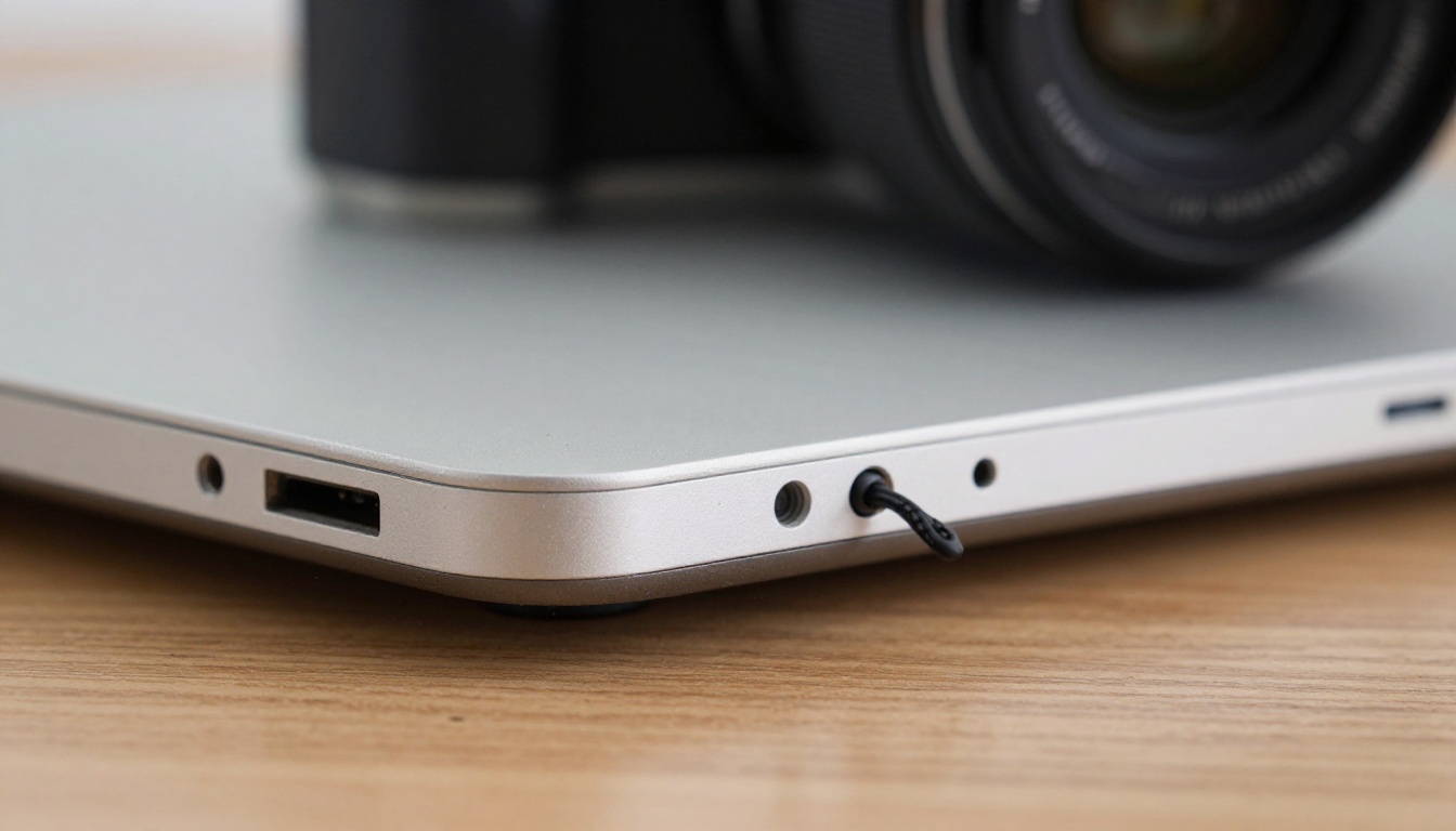 Macro shot of a braided cable plugging into a silver laptop with a camera blurred behind it