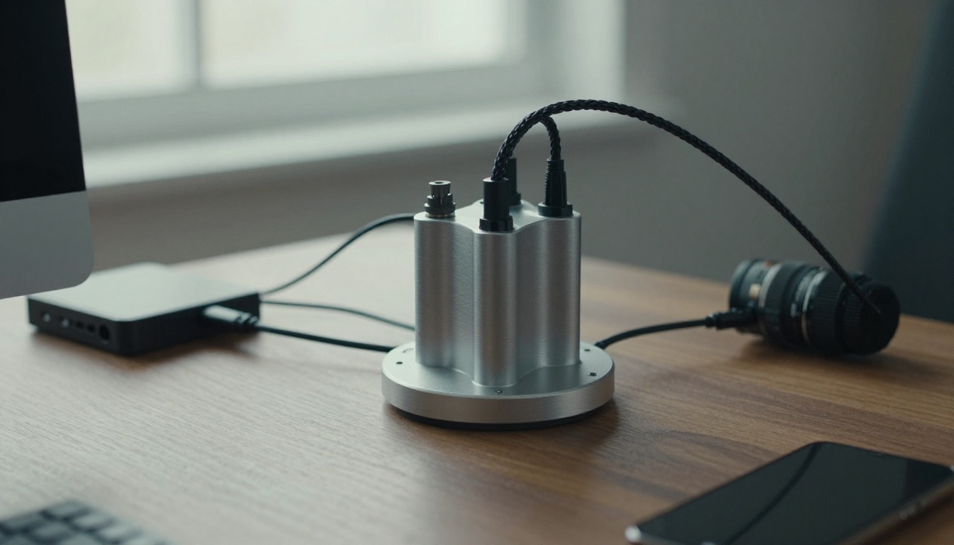 High-angle view of a multi-port hub with cables running to a camera, tablet, drive, microphone and phone