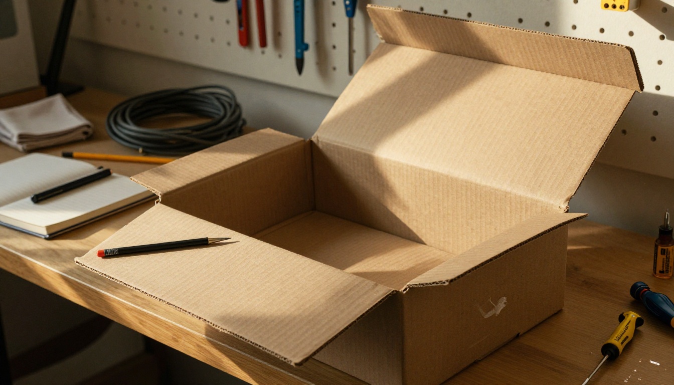 Open kraft cardboard box on a workbench packed with a notebook, cable, lens cloth and pencils
