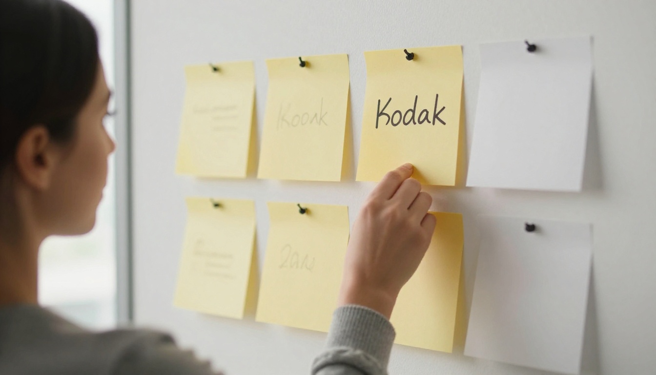 A woman placing a sticky note on a wall grid of four columns while sorting options