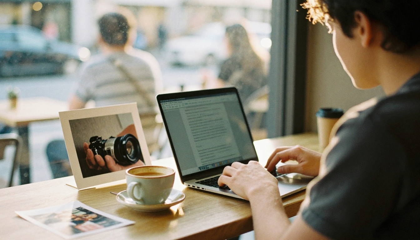 A young photographer typing on a laptop at a sunny cafe table beside a flat white and a printed photo