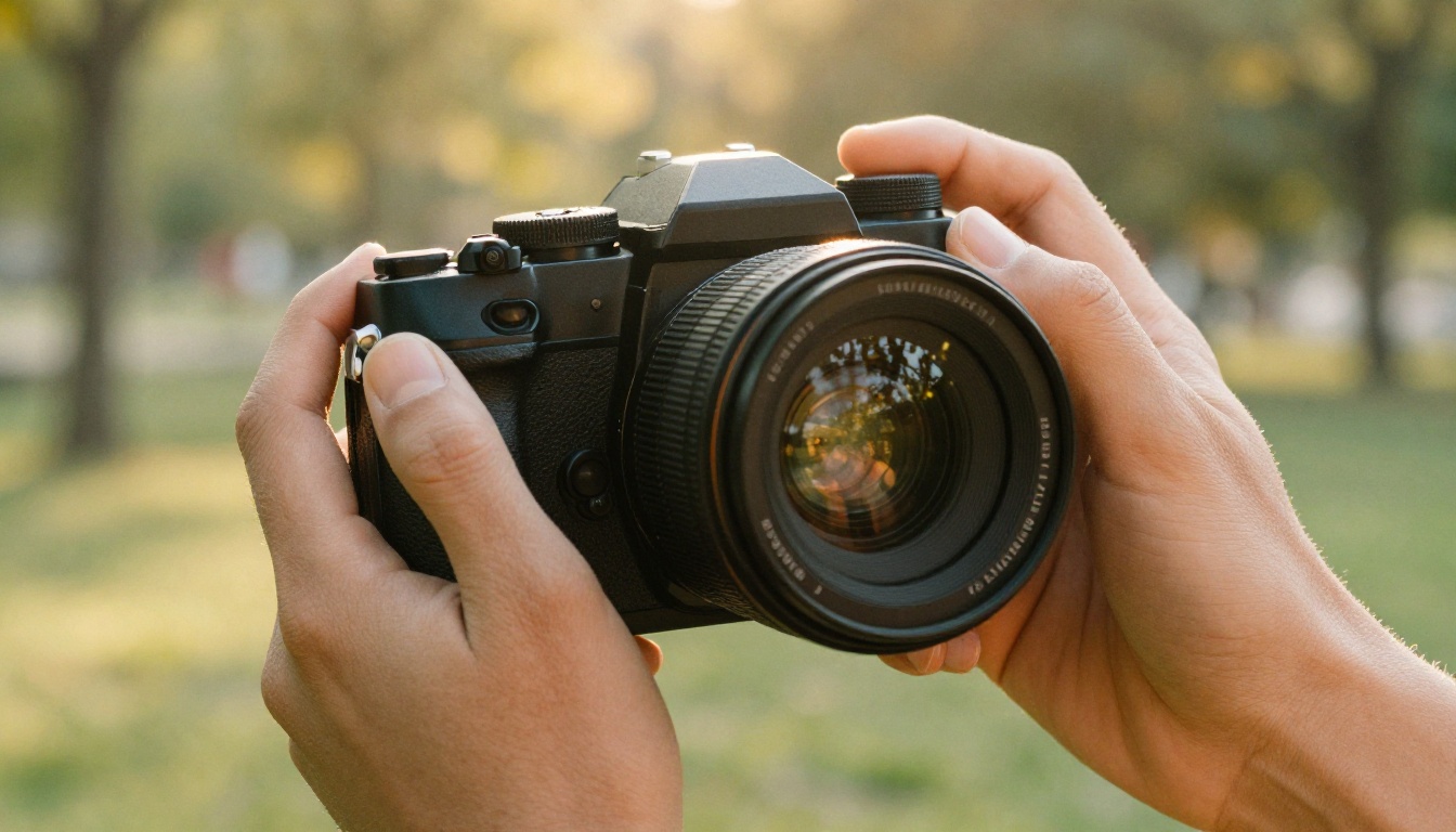 Close-up of hands holding a full-frame camera with an 85mm lens in golden hour park light