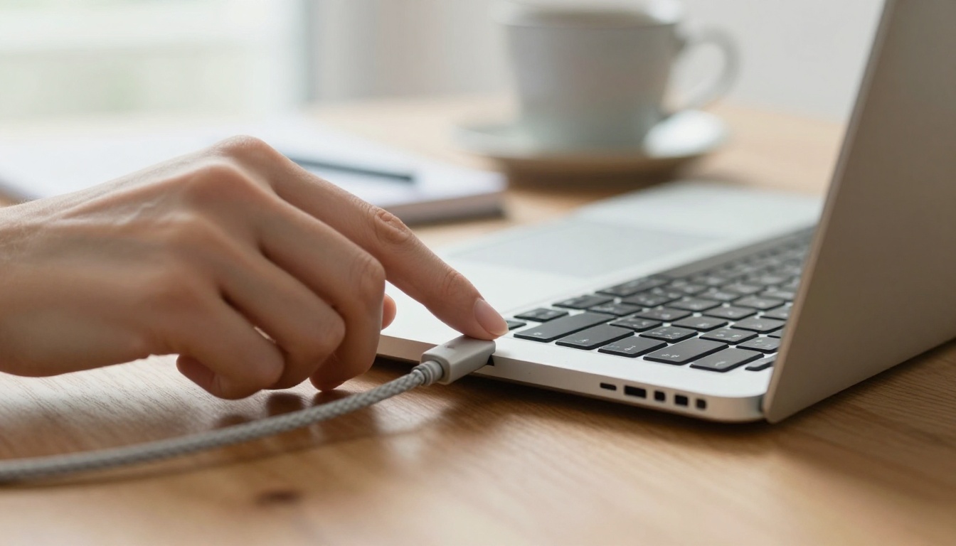 A hand plugging a braided cable into a silver laptop on a walnut desk